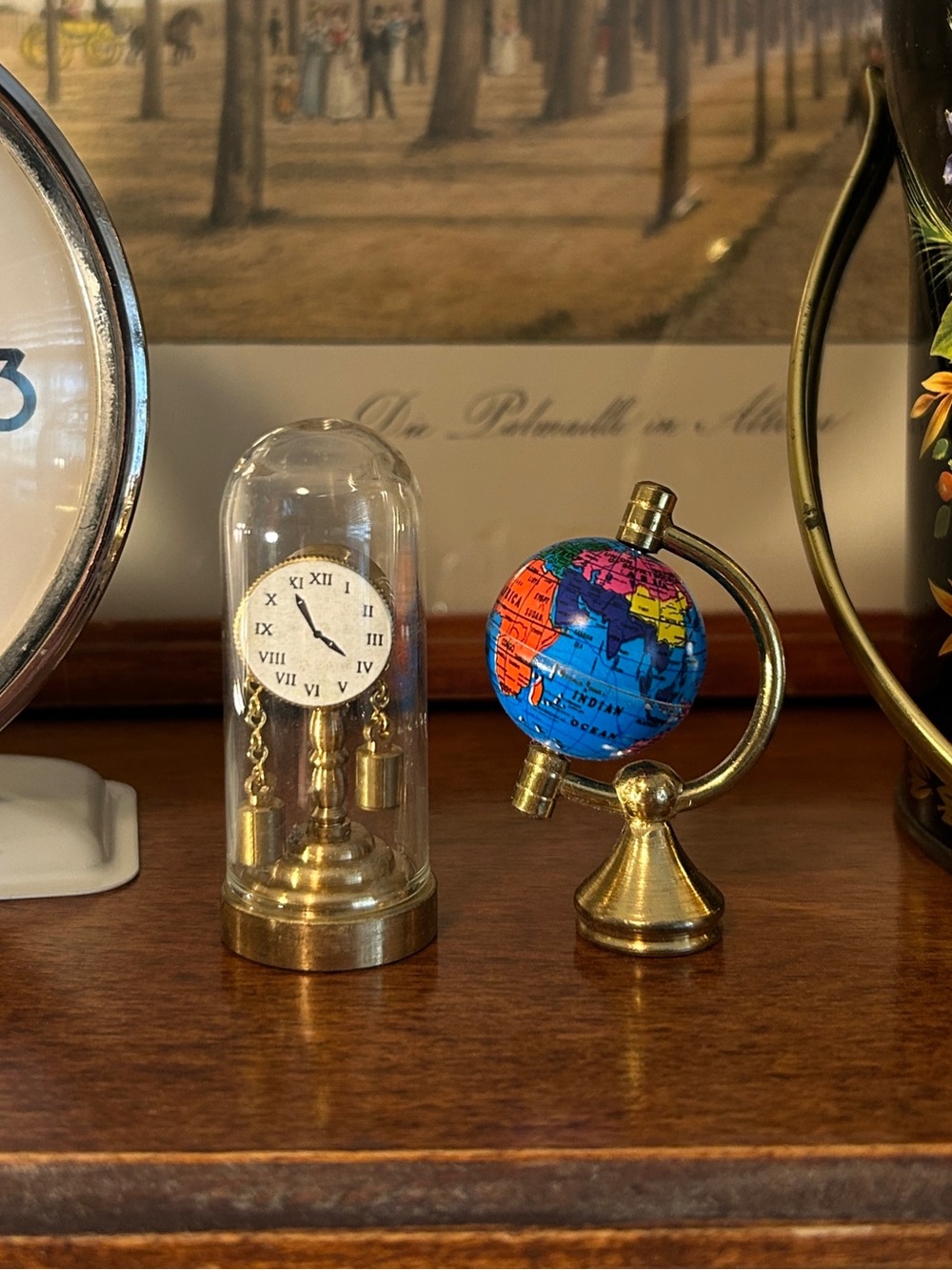 Mini Brass Globe AND Mini Brass & Glass Cloche Clock / 2” Tall / Doll House Size